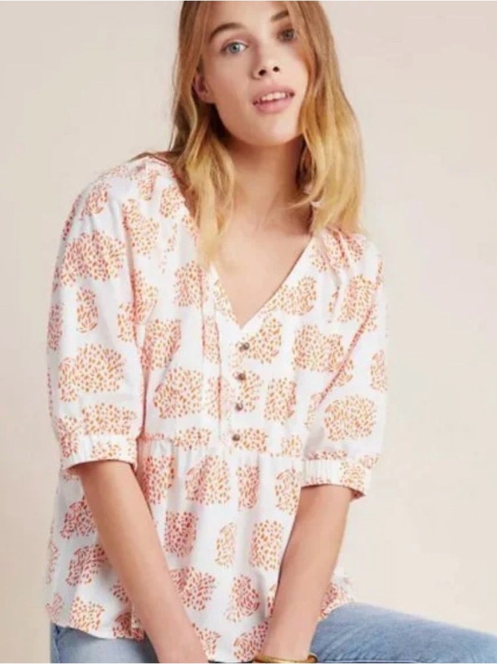 Anthropologie Moglea Danae Poplin White Orange Babydoll blouse